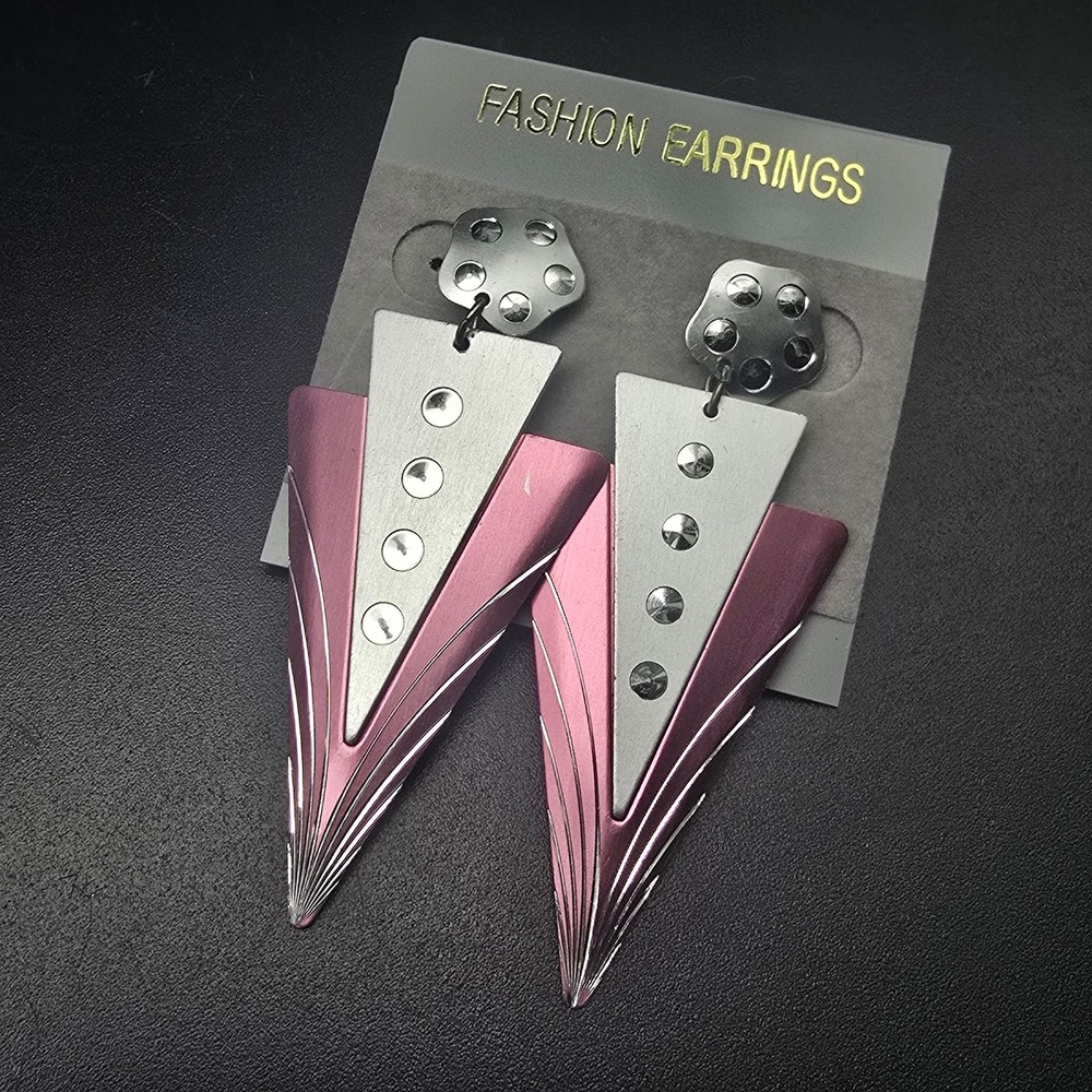 Metallic Pink Etched Geometric Earrings Vintage 1980s NOS Punk Edgy Rocker